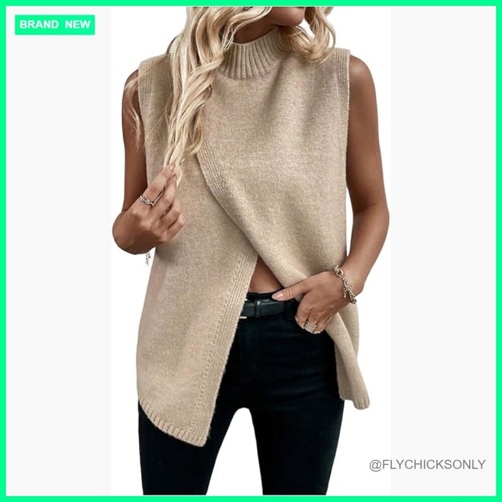 Sleeveless Sweater Vest Mock Neck Pullover Knit Asymmetrical Hem